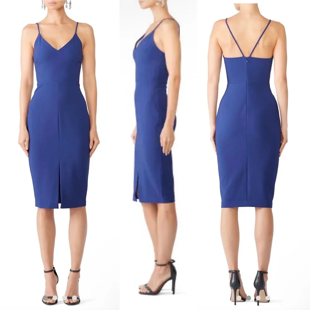 LIKELY Brooklyn Cocktail Dress Blue Midi Bodycon Strappy Sexy Front Slit Revolve - Picture 2 of 16